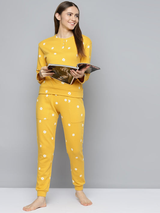 Yellow & White Pure Cotton Floral Printed Pyjama Set