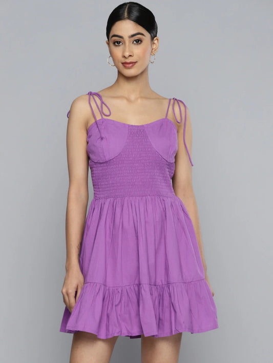 Purple  Smocked Cotton A-Line Mini Dress