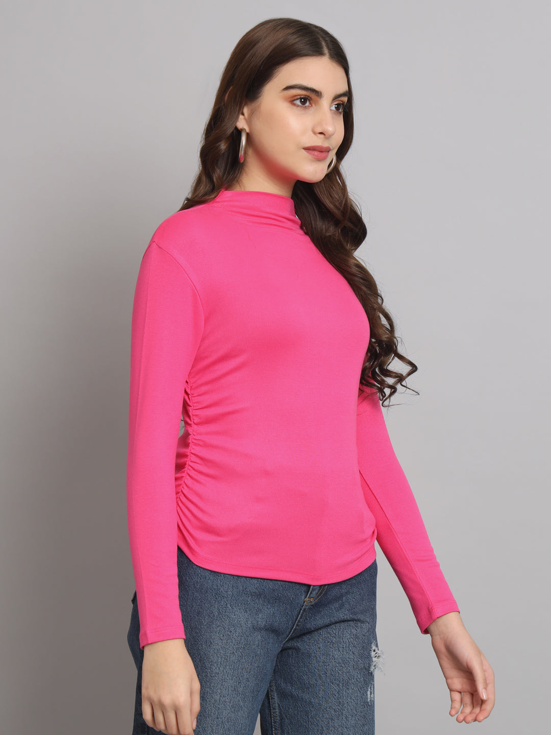 Pink RUCHED MOCK NECK TOP