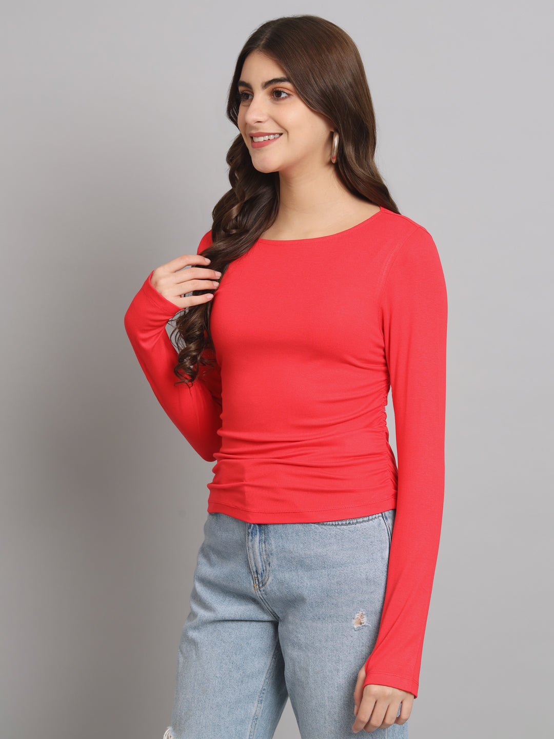 Red Boat Neck Fitted Top