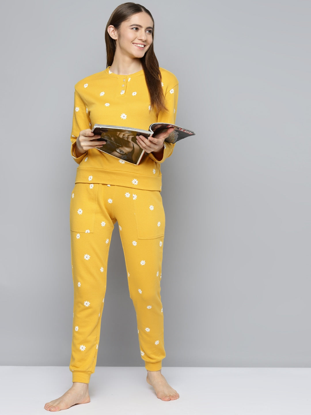 Women Yellow & White Pure Cotton Floral Printed Pyjama Set