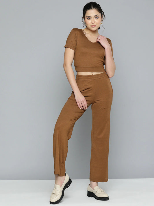 Brown Solid Top & Trousers Co-ords