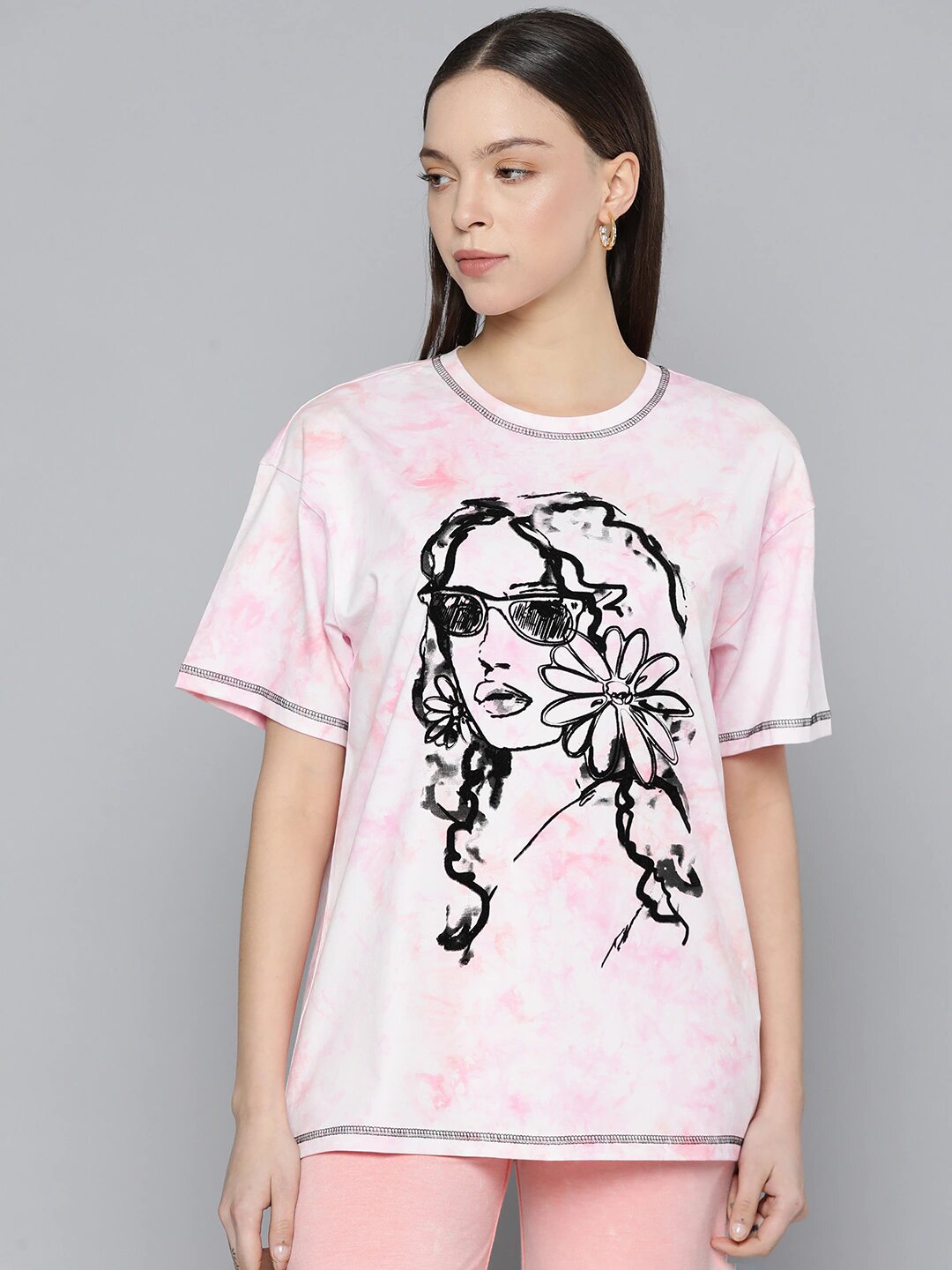 Pink  Tie and Dye Printed Boxy T-shirt