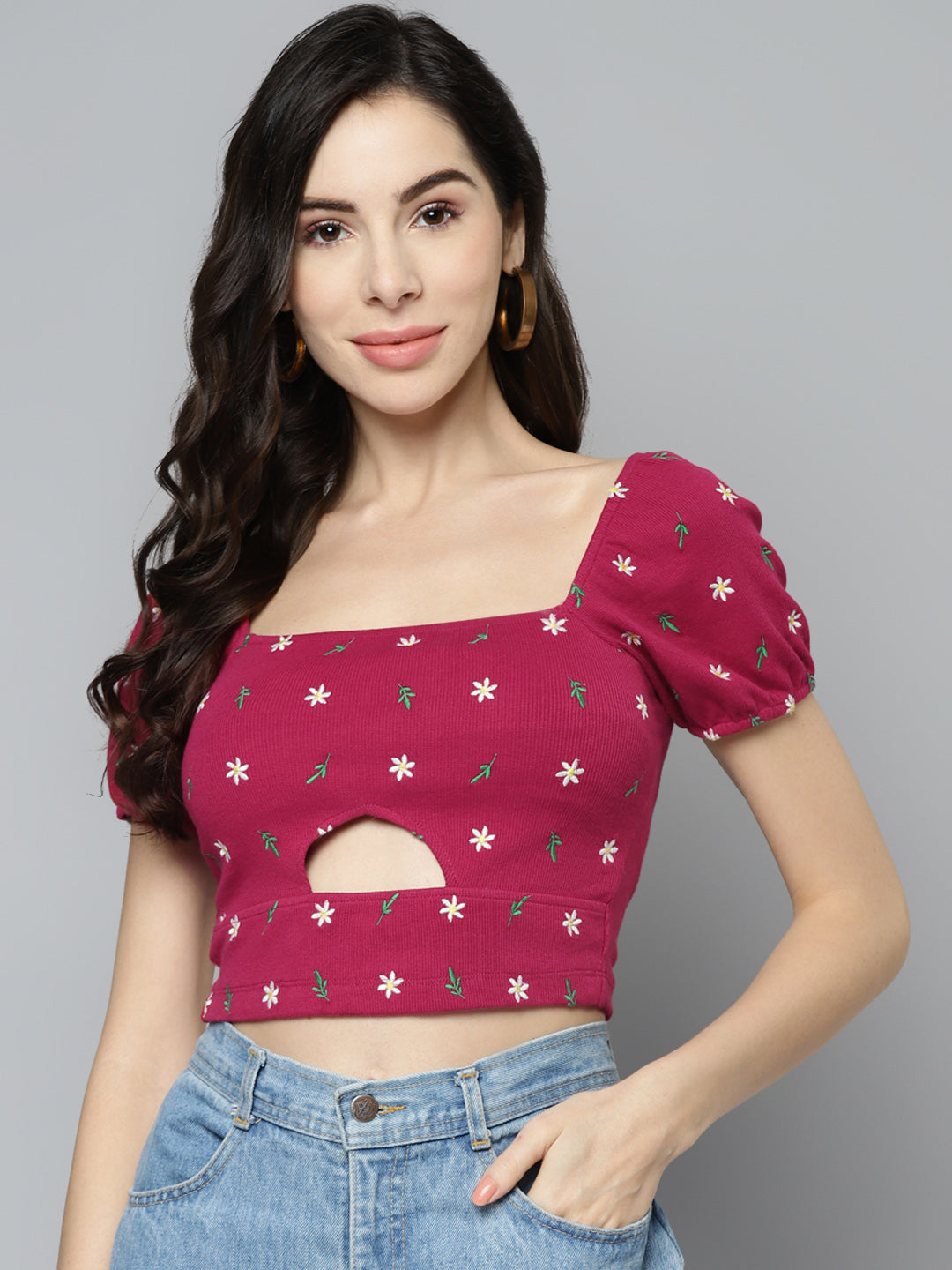 Burgundy & White Floral Embroidered Crop Top