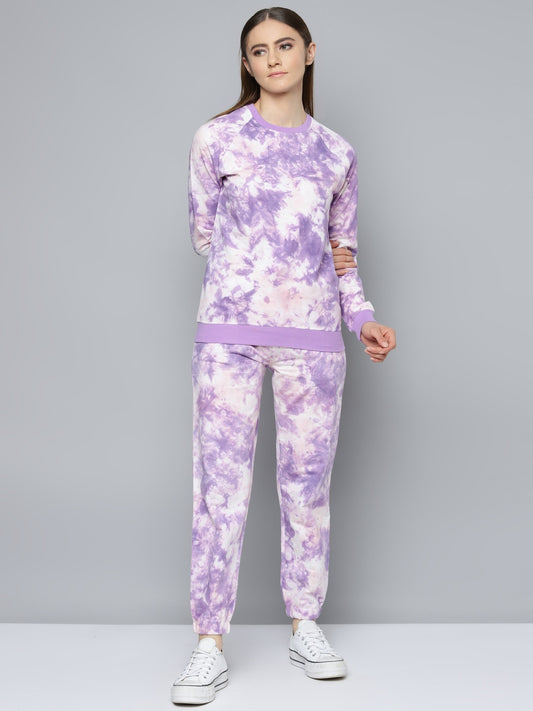 Purple & White Tie & Dye Print Sweatshirt with Joggers