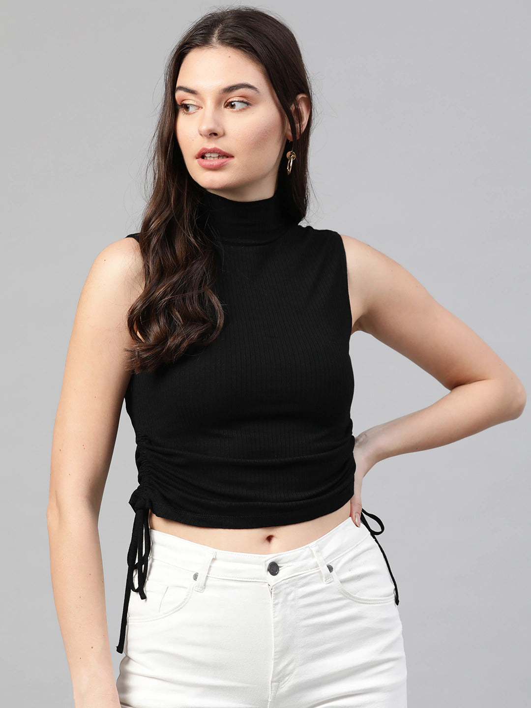 Black High Neck Tie Up Fitted Crop Top