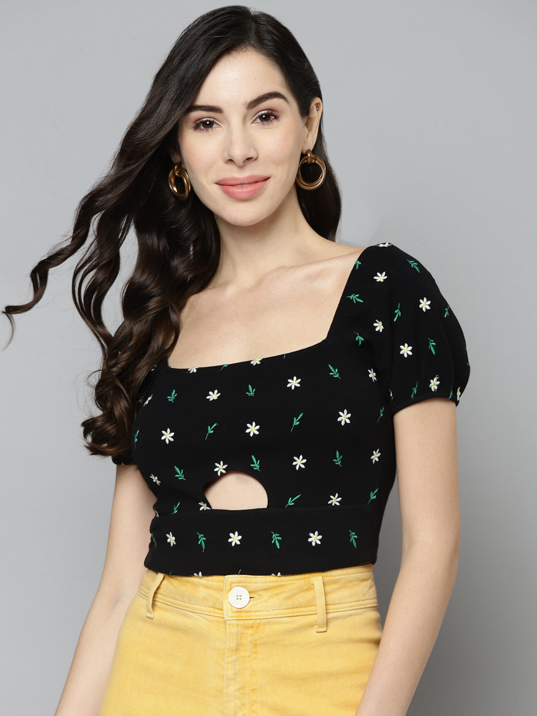 Black & White Floral Embroidered Crop Top