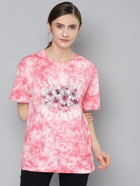 Pink & Off White Dyed Pure Cotton T-shirt