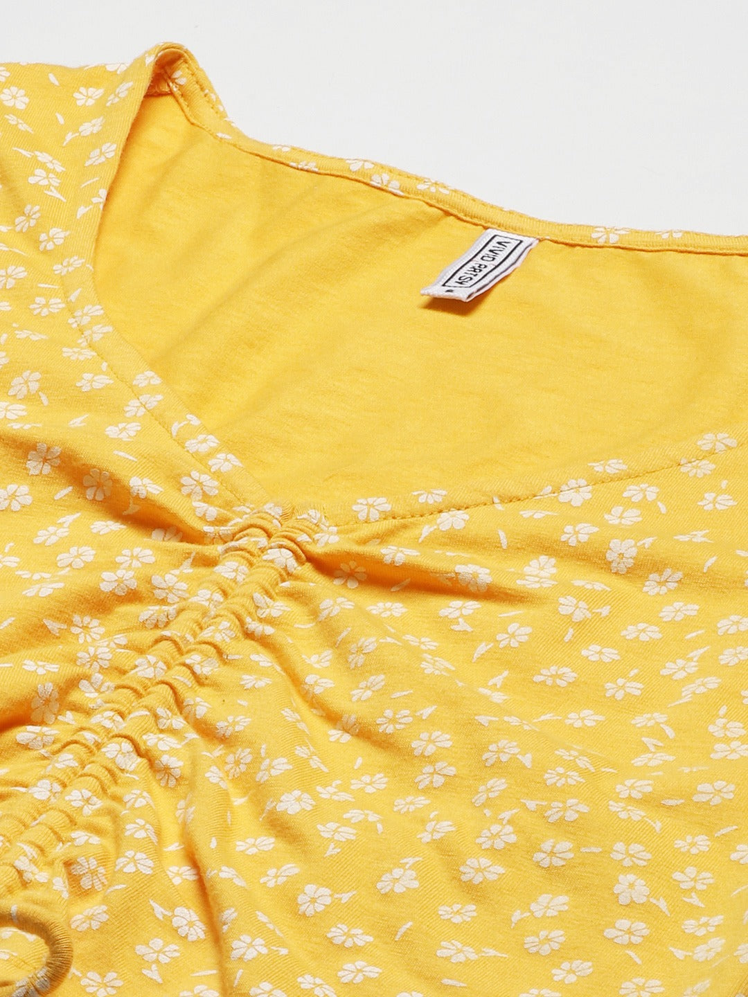 Mustard Yellow & White Ditsy Floral Print Ruched Fitted Crop Top