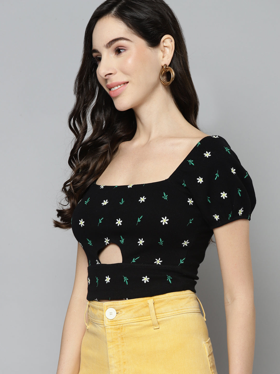 Black & White Floral Embroidered Crop Top