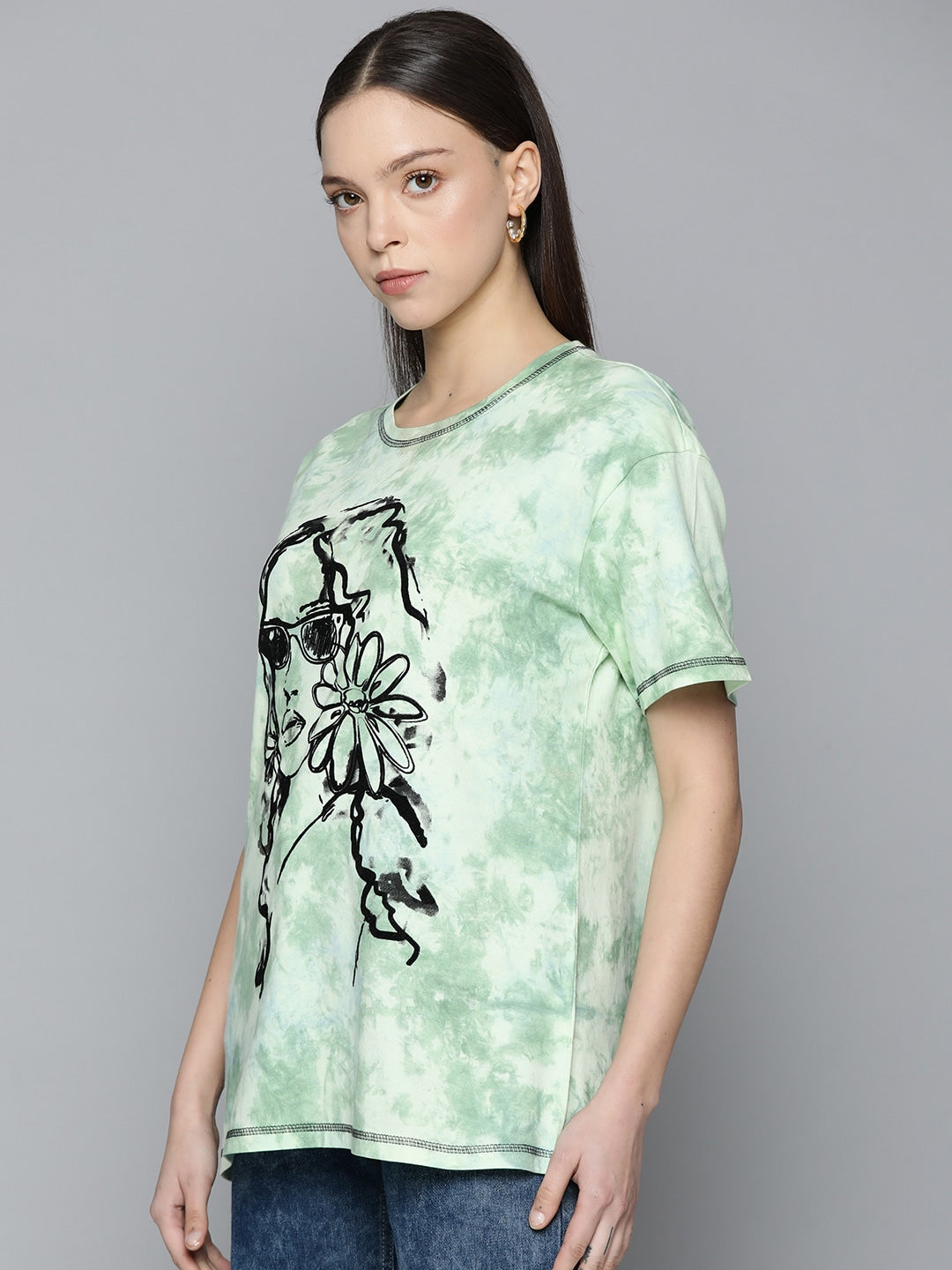 Green Tie and Dye Printed Boxy T-shirt