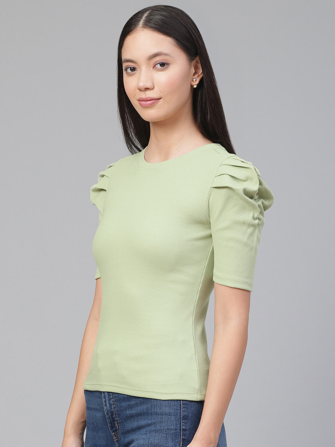 Green Ribbed Puff Sleeves Fitted Top