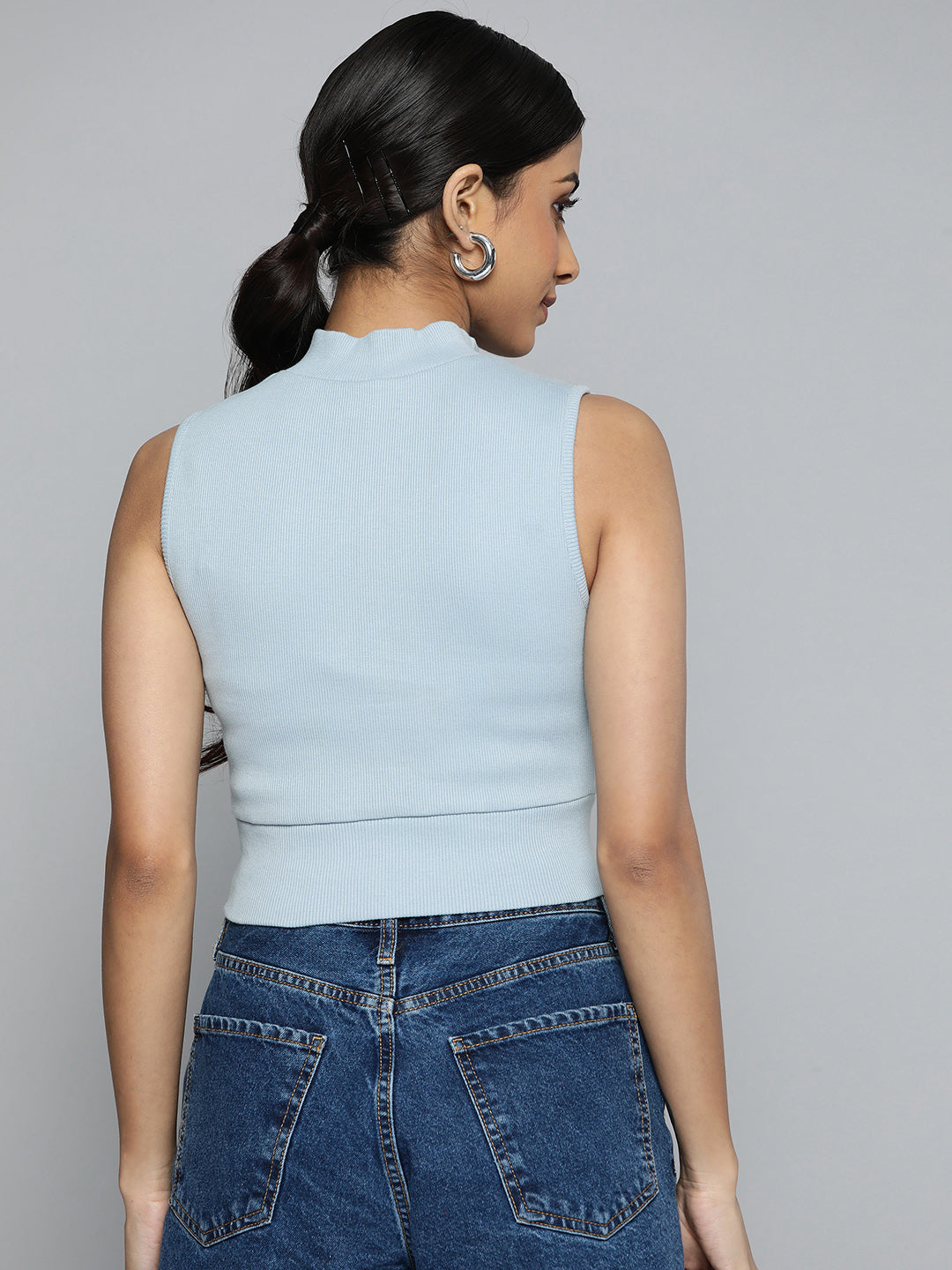 Front Zipper High Neck Fitted Crop Top