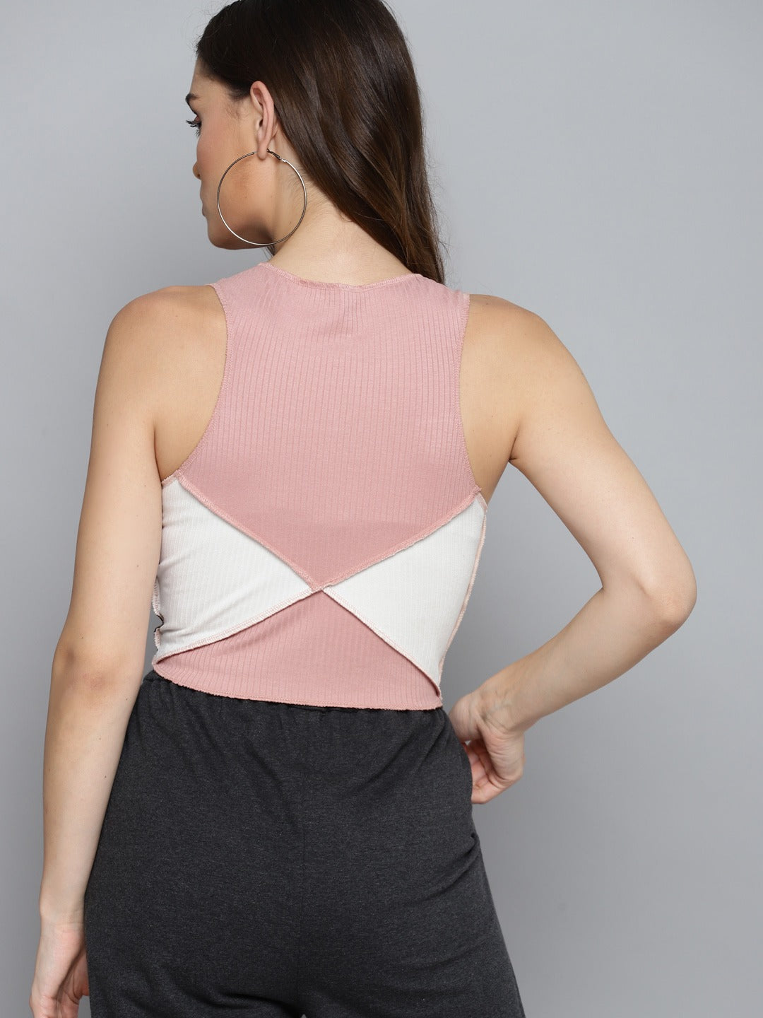 Peach & White Colourblocked Fitted Top