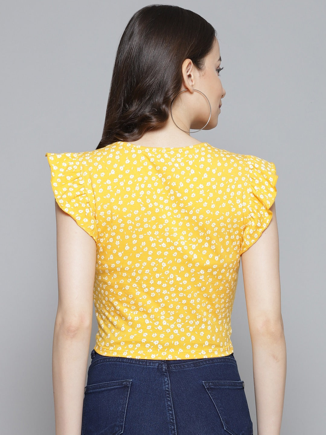 Mustard Yellow & White Ditsy Floral Print Ruched Fitted Crop Top