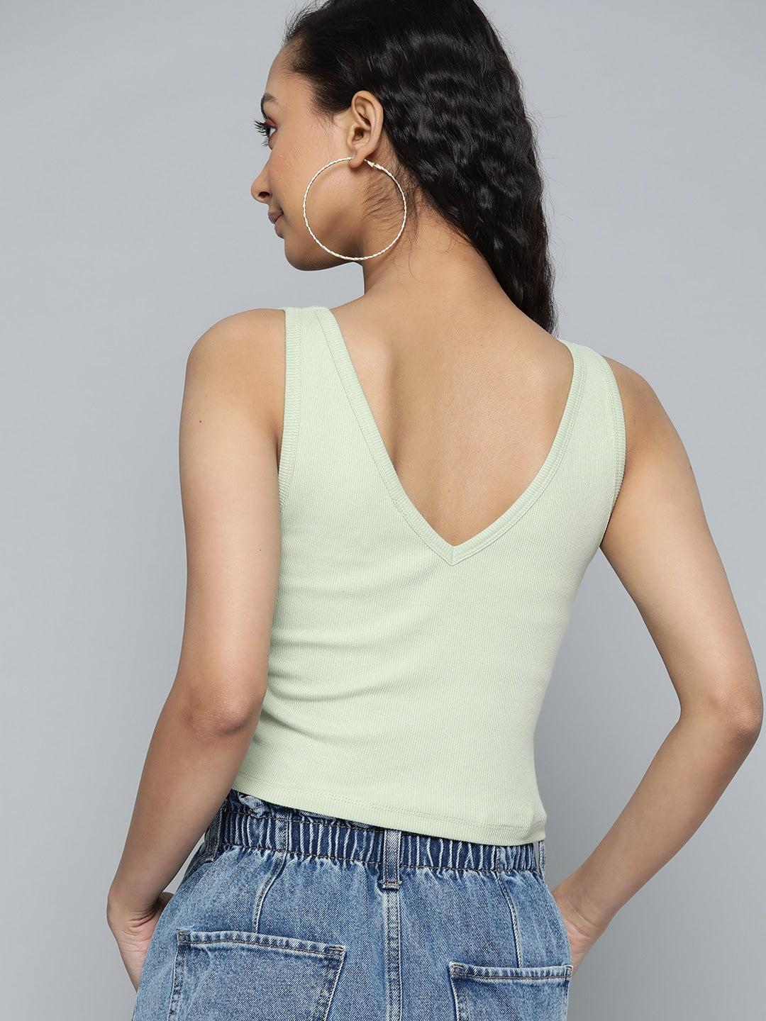 Green Ribbed Fitted Crop Top