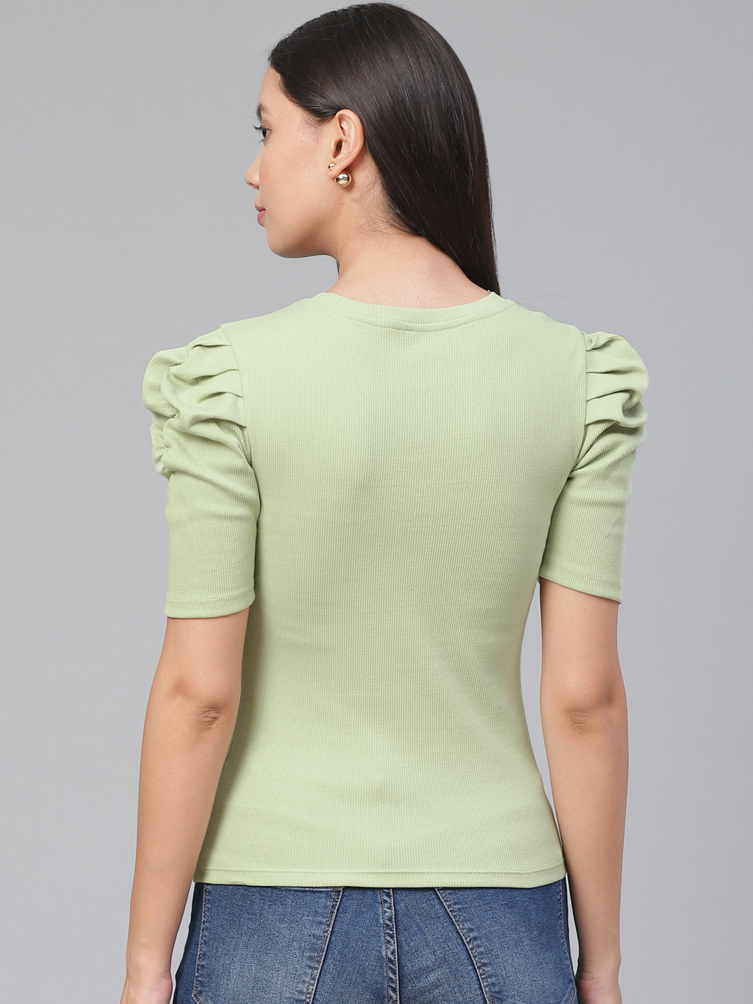 VividArtsy Women Green Ribbed Puff Sleeves Fitted Top