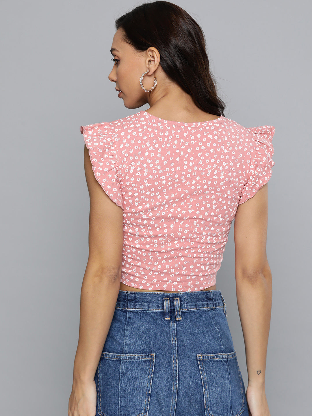 Peach-Coloured & White Ditsy Floral Print Sweetheart Neck Crop Top