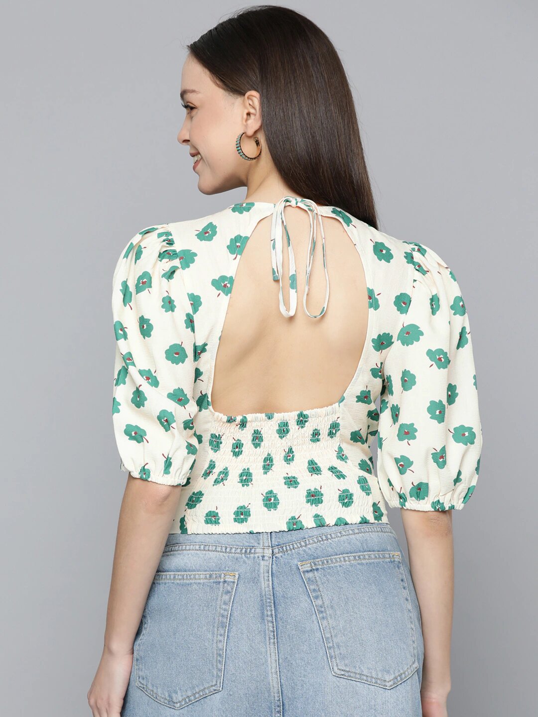 OFF WHITE  Floral Printed Styled Back Crop Top