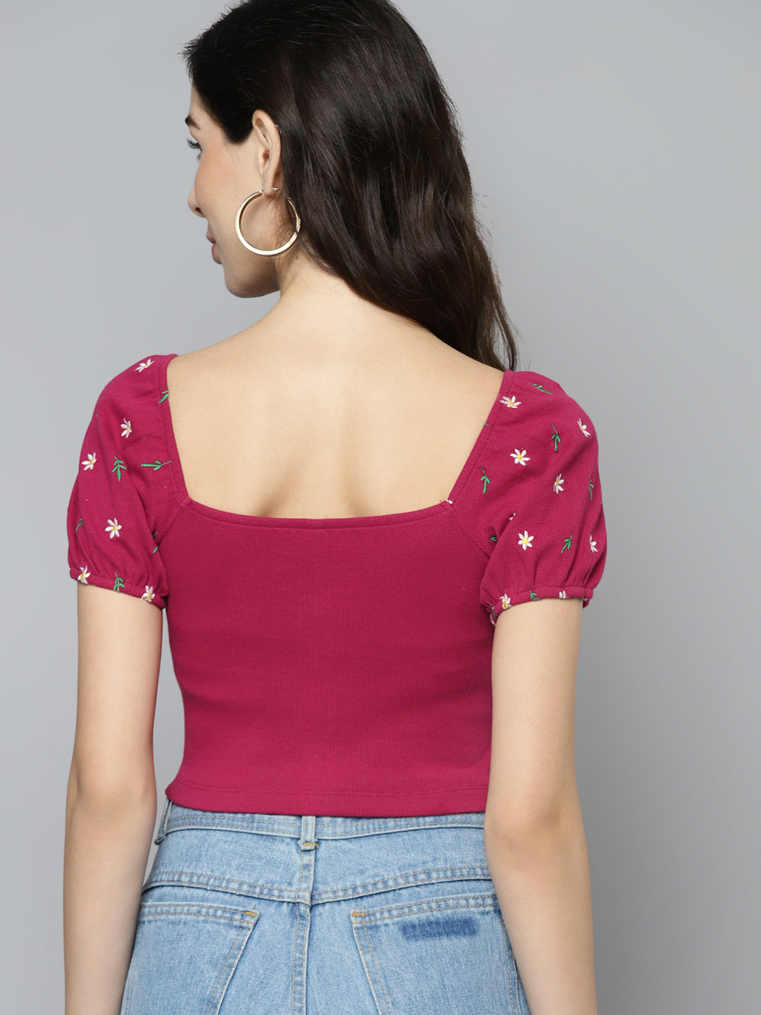 Burgundy & White Floral Embroidered Crop Top