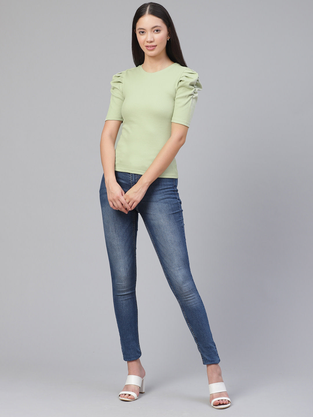 Green Ribbed Puff Sleeves Fitted Top