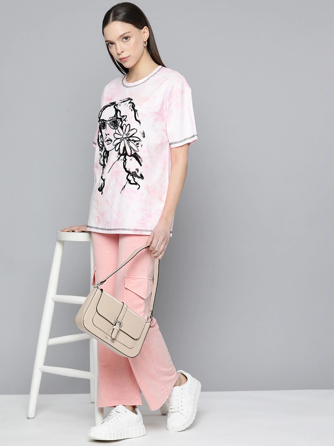 Pink  Tie and Dye Printed Boxy T-shirt