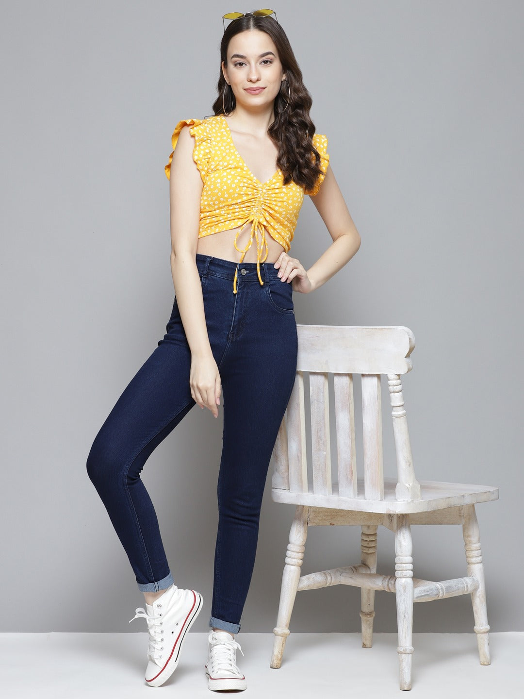 Mustard Yellow & White Ditsy Floral Print Ruched Fitted Crop Top