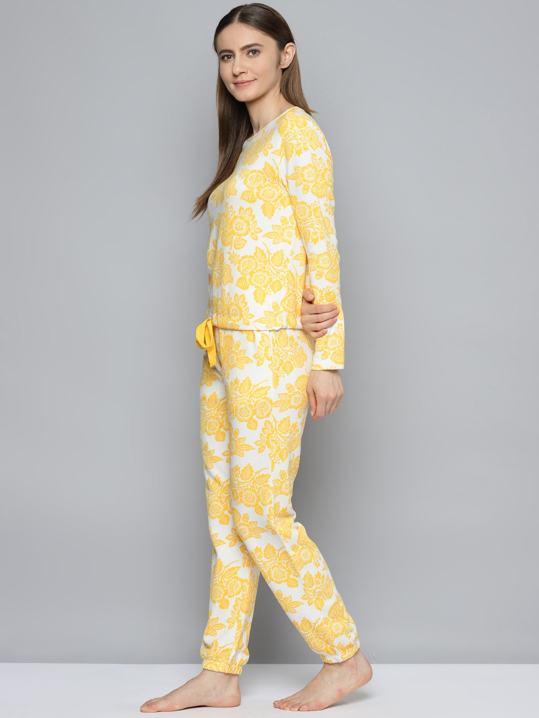 Women White & Yellow Pure Cotton Floral Printed Pyjama Set