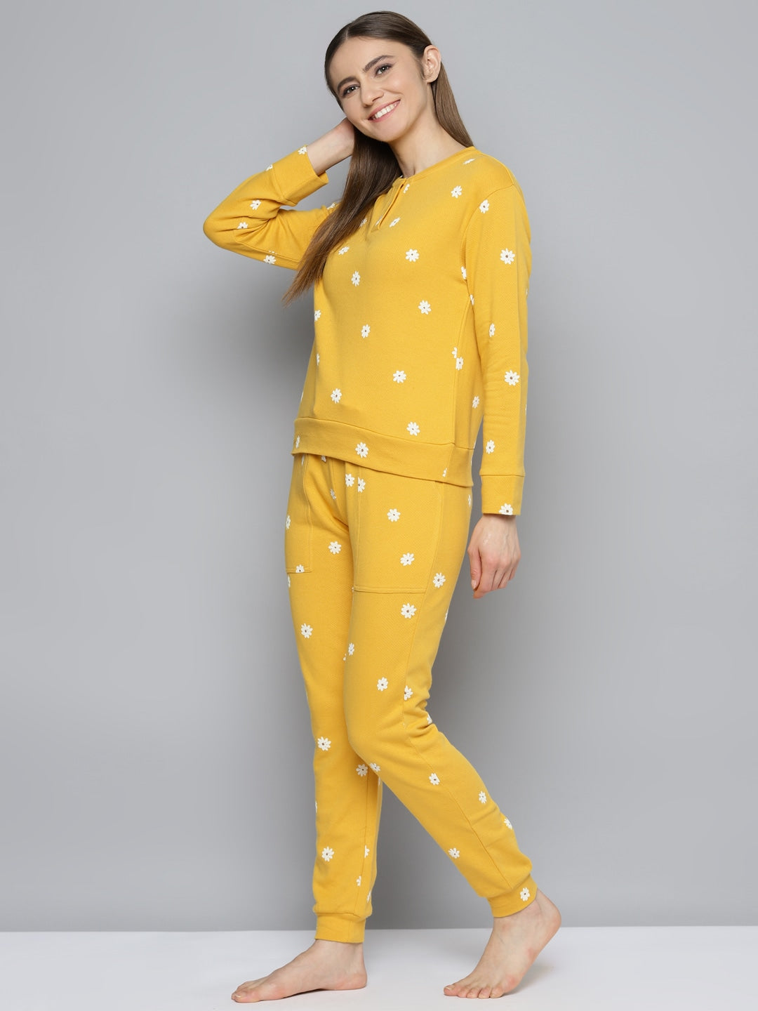 Women Yellow & White Pure Cotton Floral Printed Pyjama Set