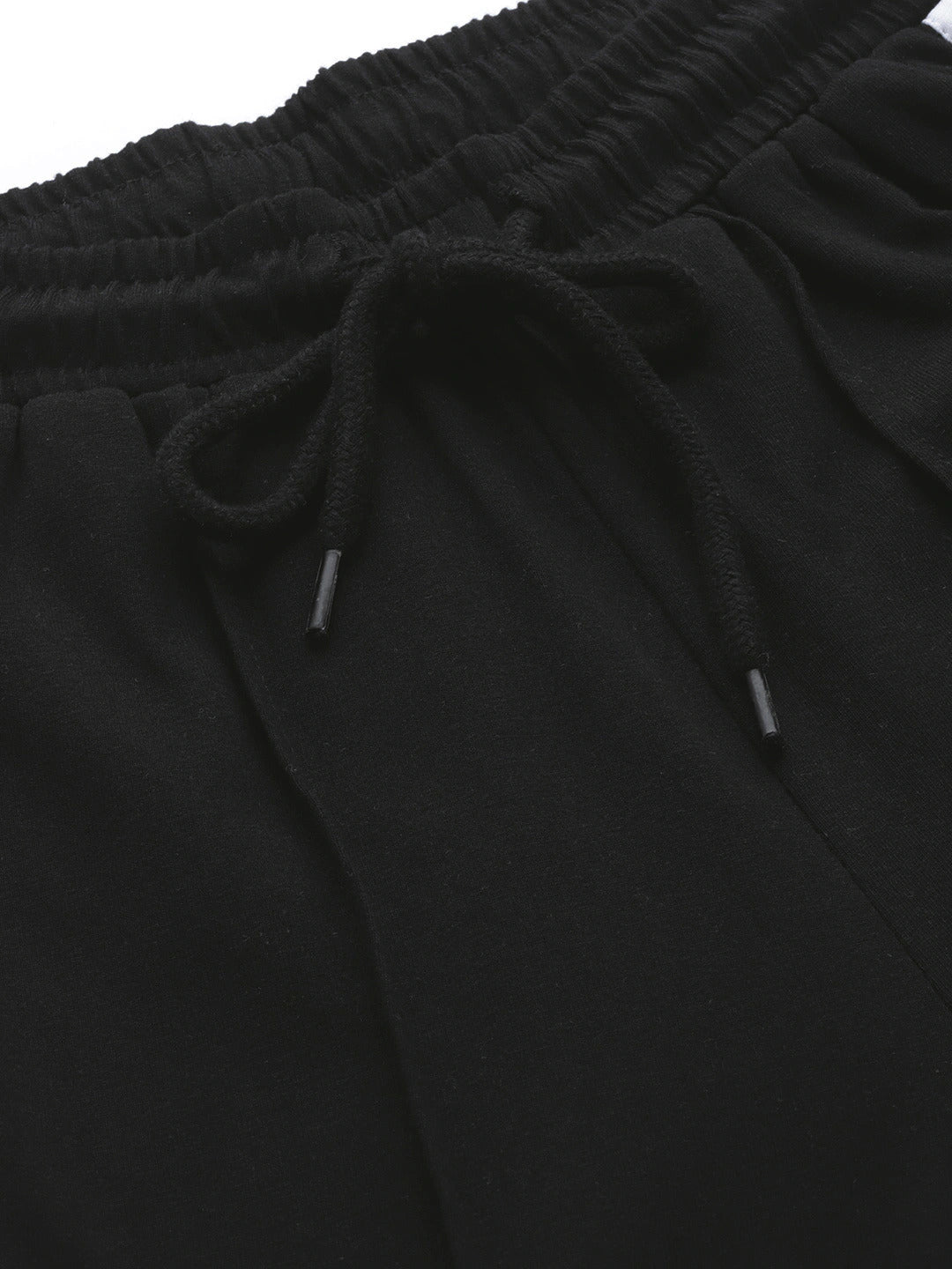 Black Solid Pure Cotton Wide Track Pants with Striped Details