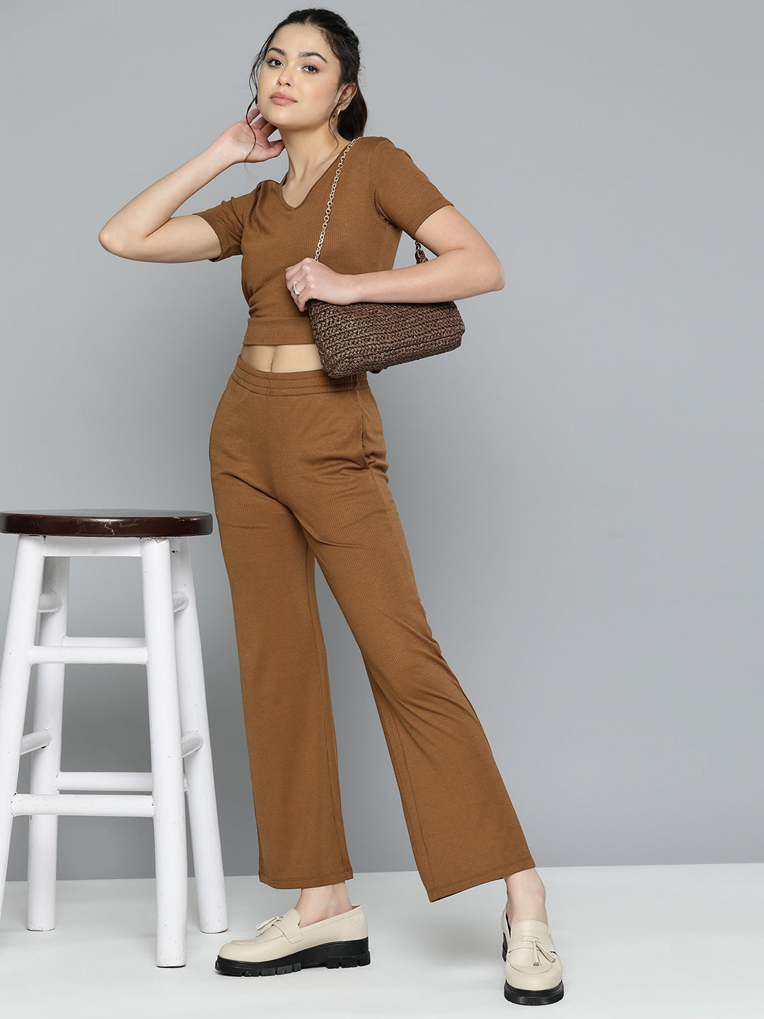 Brown Solid Top & Trousers Co-ords