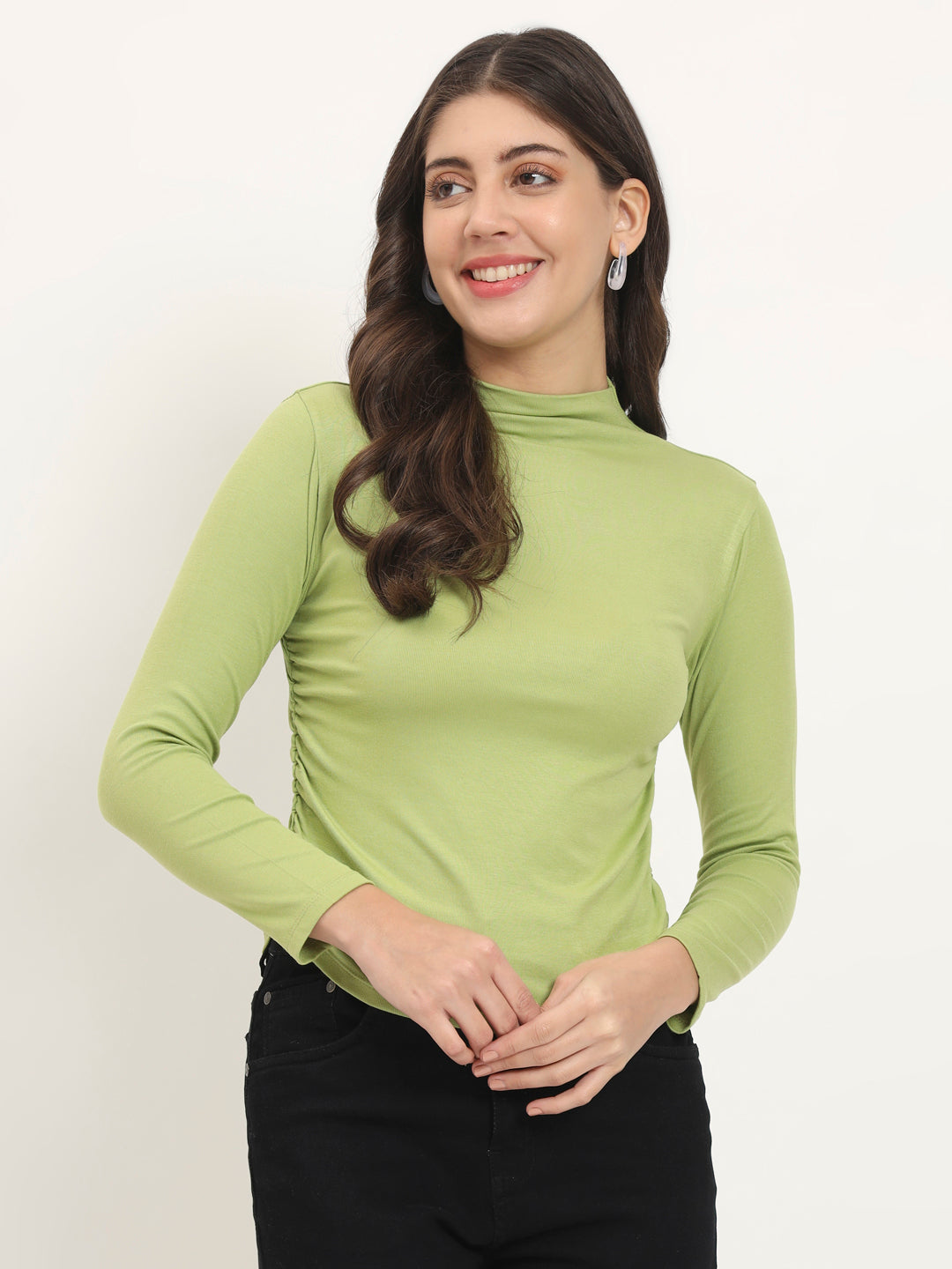 GREEN RUCHED MOCK NECK TOP