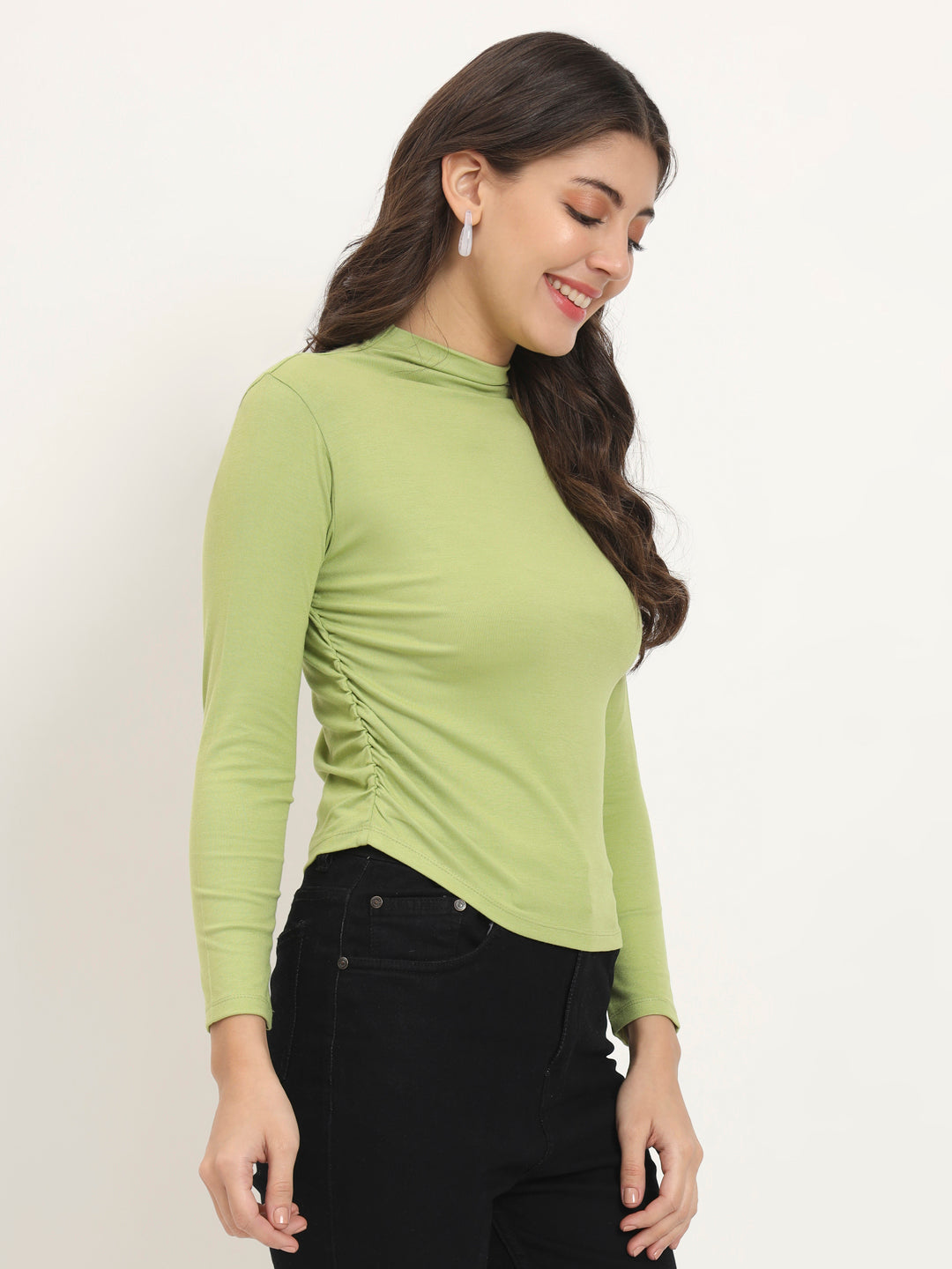 GREEN RUCHED MOCK NECK TOP