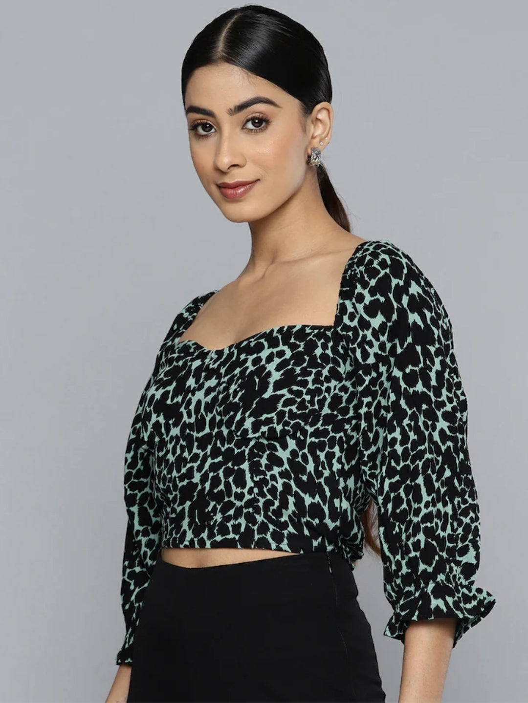 Animal Printed Puff Sleeve Bardot Crop Top VividArtsy