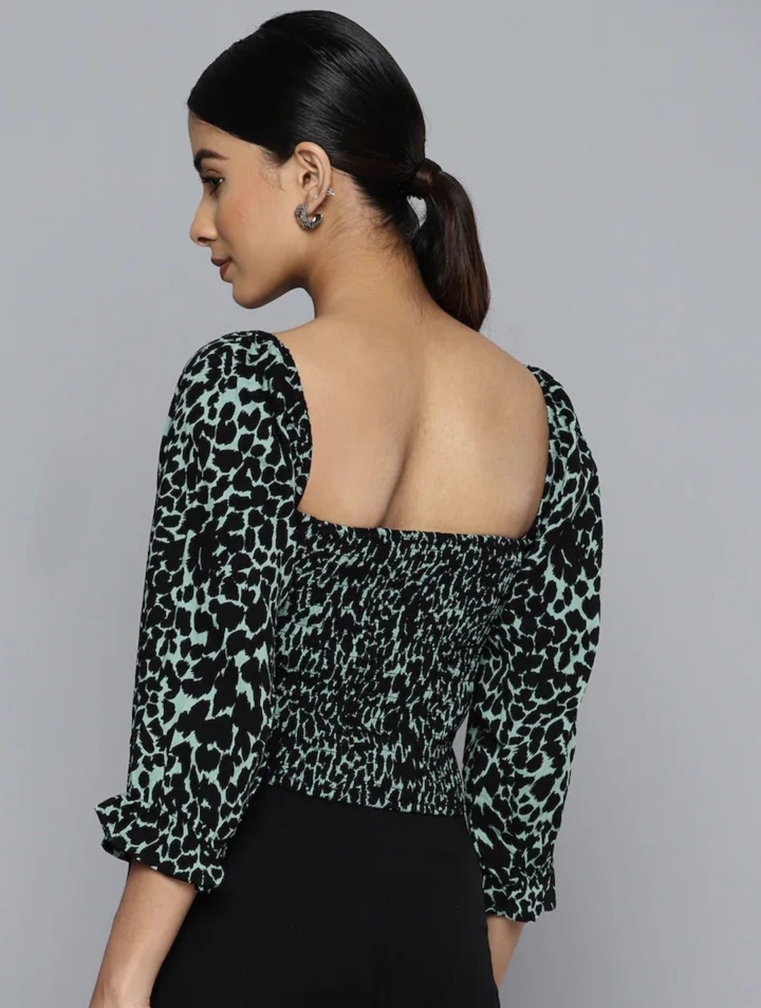 Animal Printed Puff Sleeve Bardot Crop Top VividArtsy