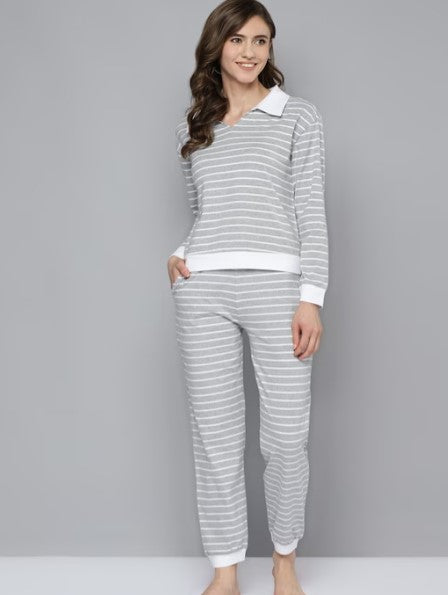 Women Grey & White Striped Pure Cotton Night suit