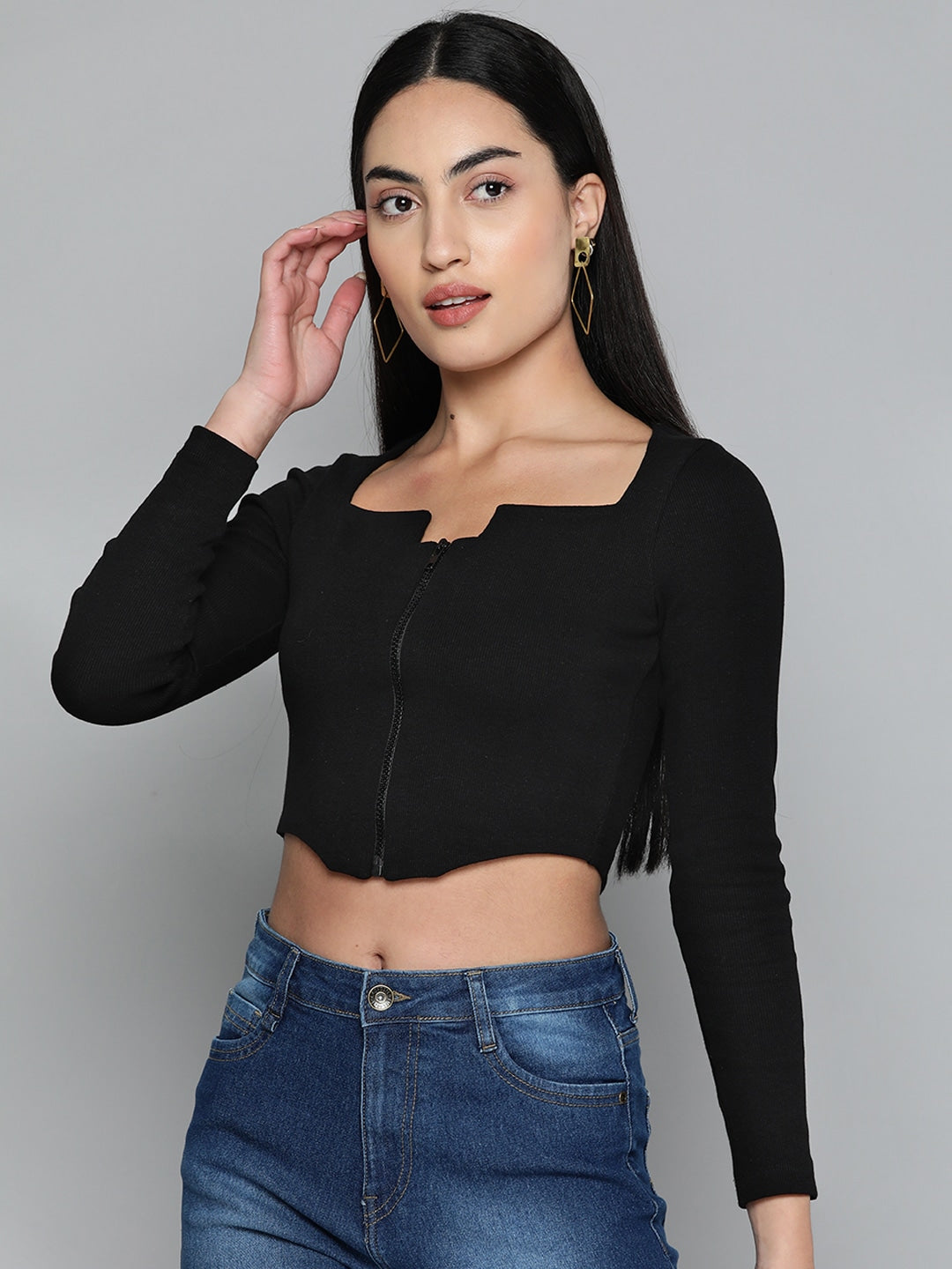 Ribbed Front-Open Fitted Crop Top