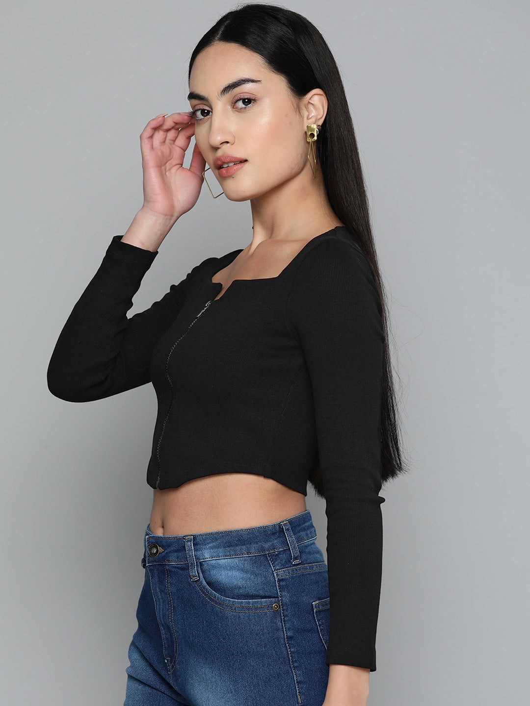 Ribbed Front-Open Fitted Crop Top