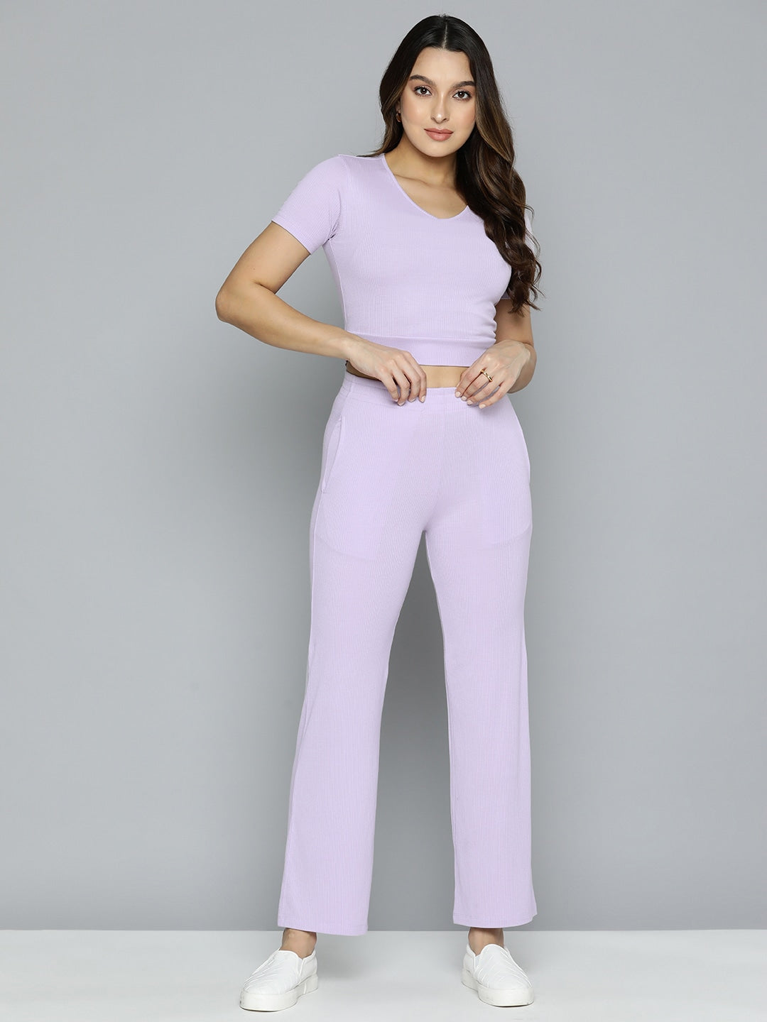Full Sleeve Ladies Cotton Crop Top Pant Set Plain Beige And Pink